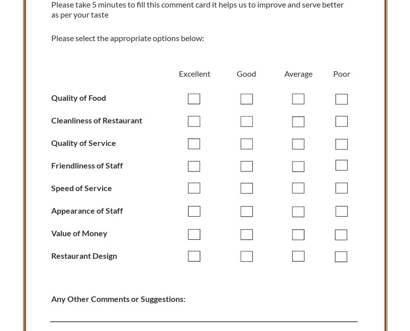 Free Comment Card Template For A Restaurant Free Templates Printable