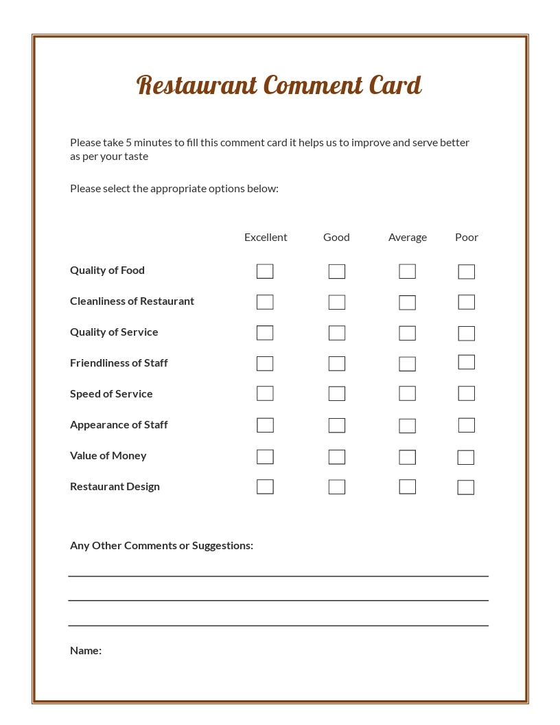 Free Comment Card Template For A Restaurant Free Templates Printable Free Comment Card Template For A Restaurant Free Templates Printable