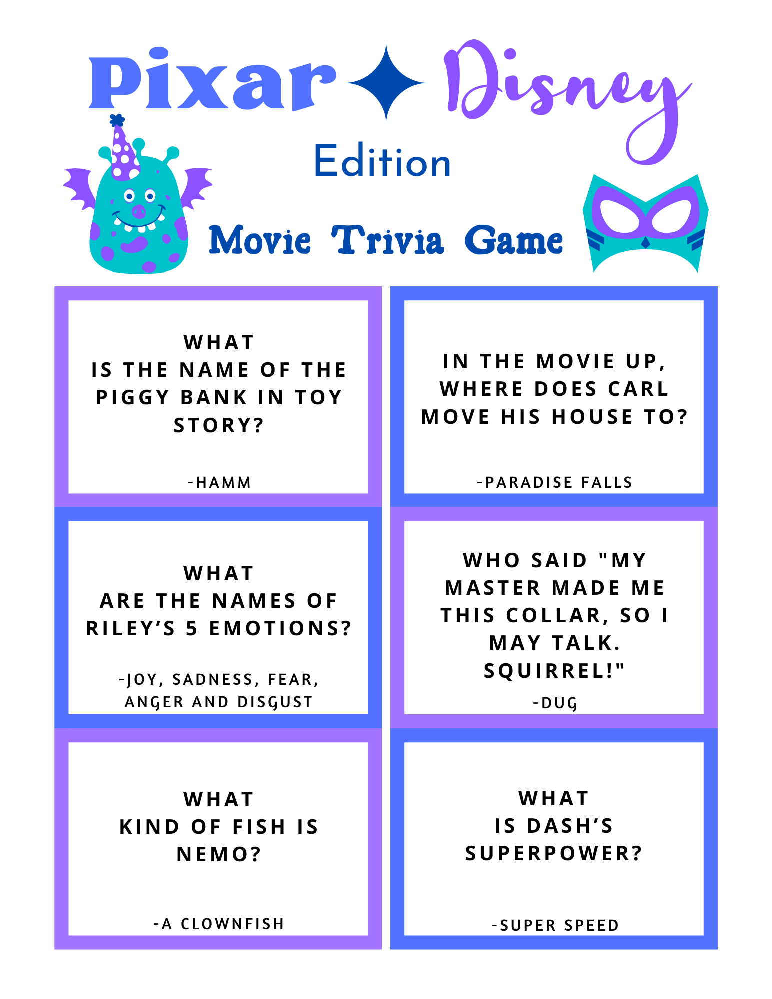 FREE Disney Pixar Trivia Game Printable Marcie In Mommyland
