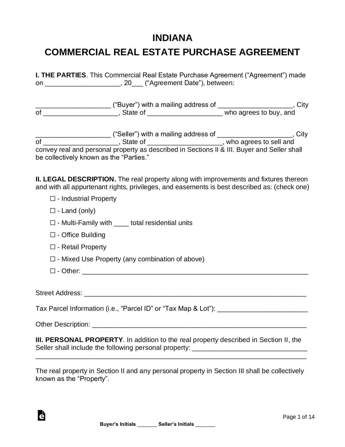 Free Printable Real Estate Purchase Agreement Form Indiana