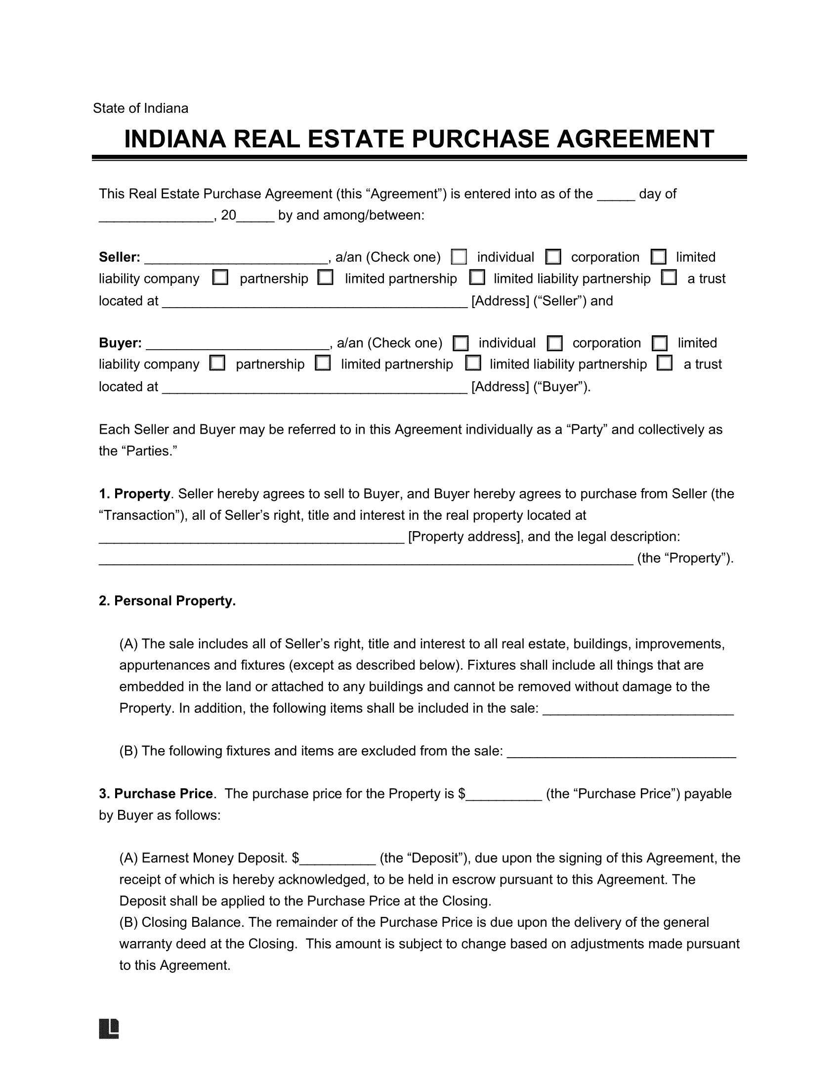 Free Indiana Residential Purchase Agreement PDF Word