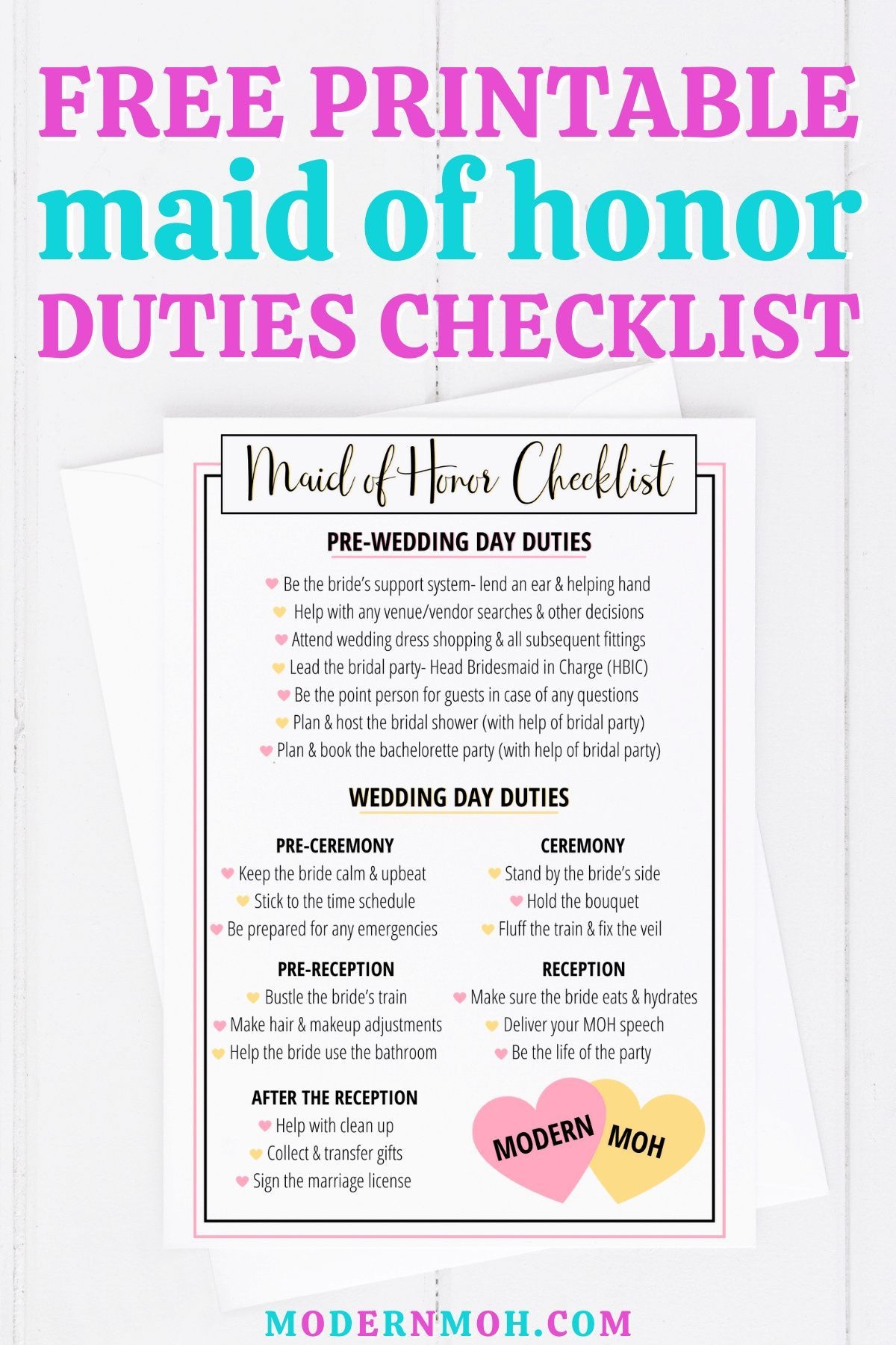 Free Maid Of Honor Duties Checklist Modern MOH