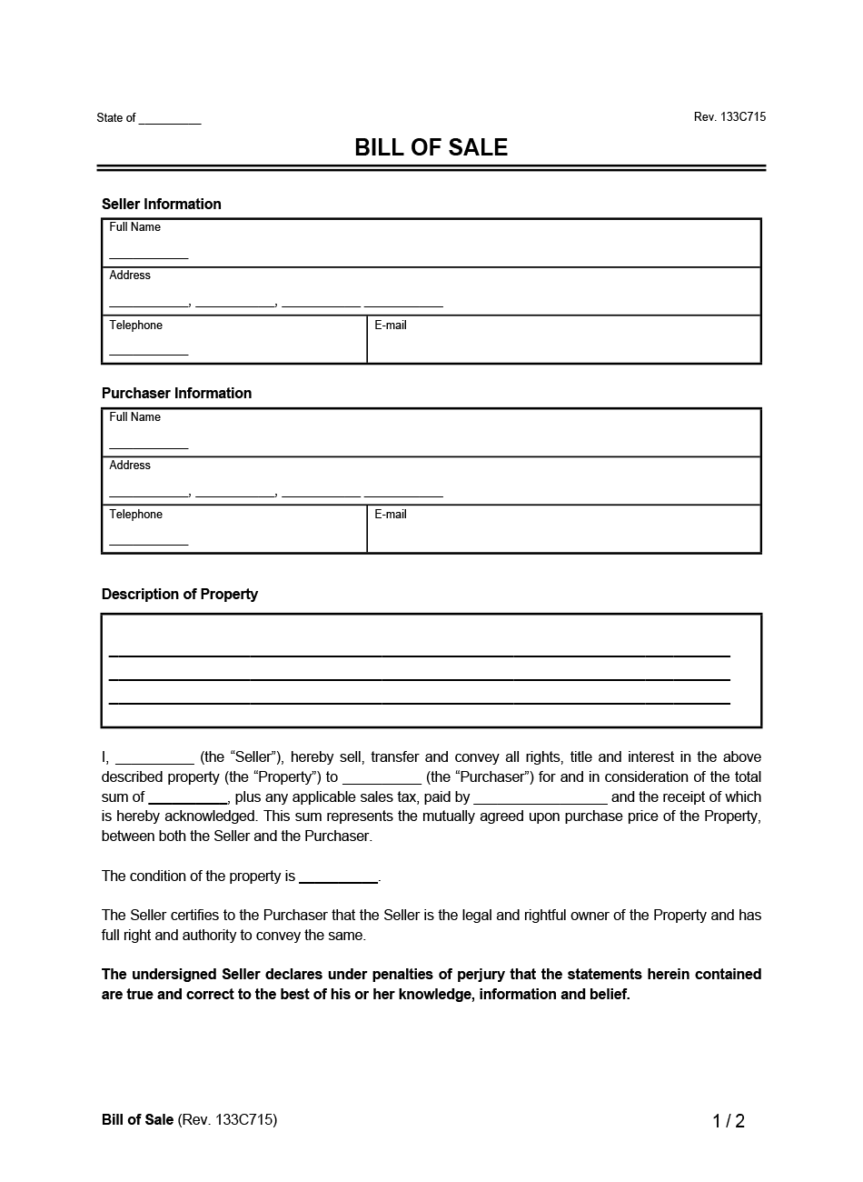 Free Pdf Printable Bill Of Sale Printable Templates