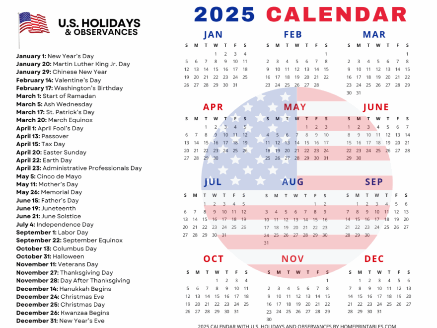 Free Printable 2025 Calendar With US Holidays American Theme