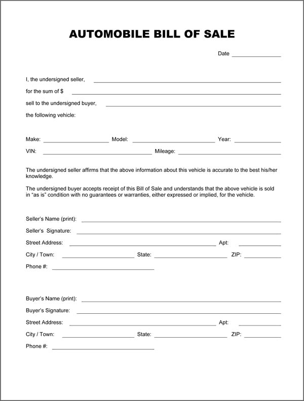 Free Printable Auto Bill Of Sale Form GENERIC 