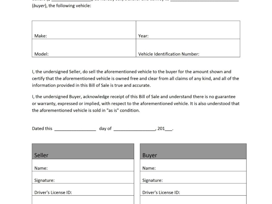 Free Printable Auto Bill Of Sale Form GENERIC