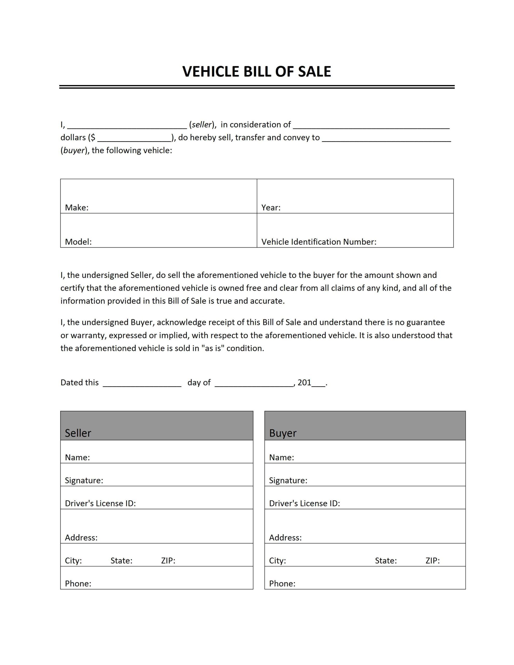 Printable Free Bill Of Sale Form