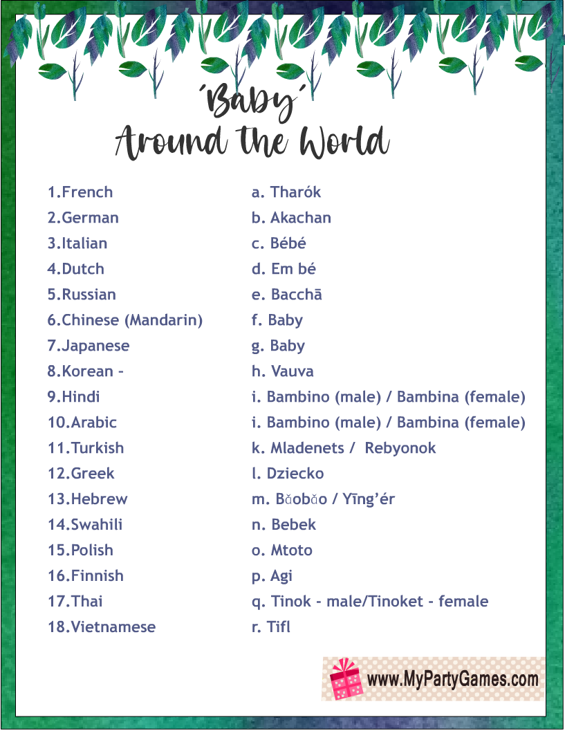 Free Printable Baby Around The World Baby Shower Game