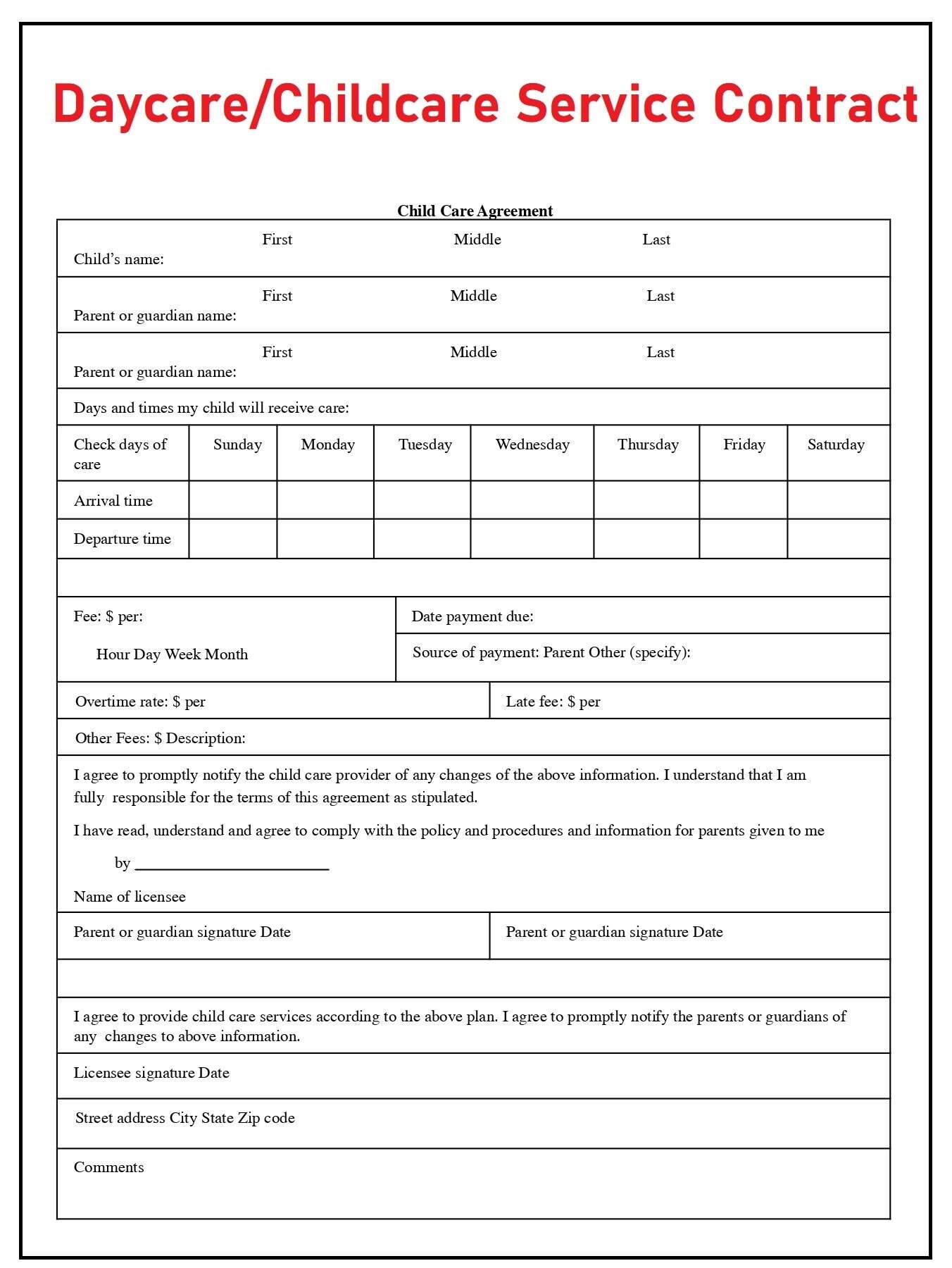 Free Printable Childcare Contract Form Printable Forms Free Online