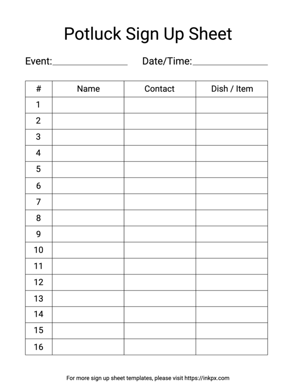 Free Printable Clean Style Potluck Sign Up Sheet Template Inkpx