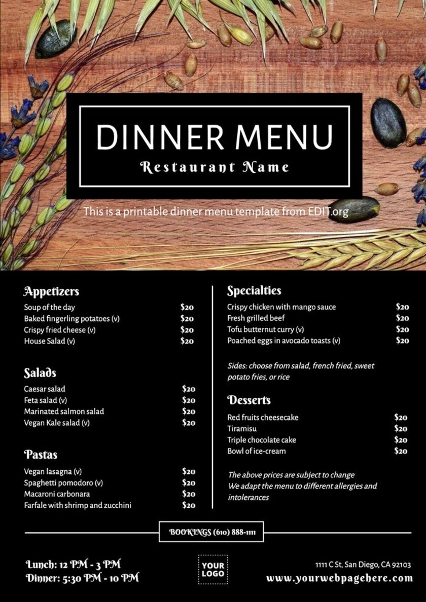 Free Printable Dinner Menu Templates