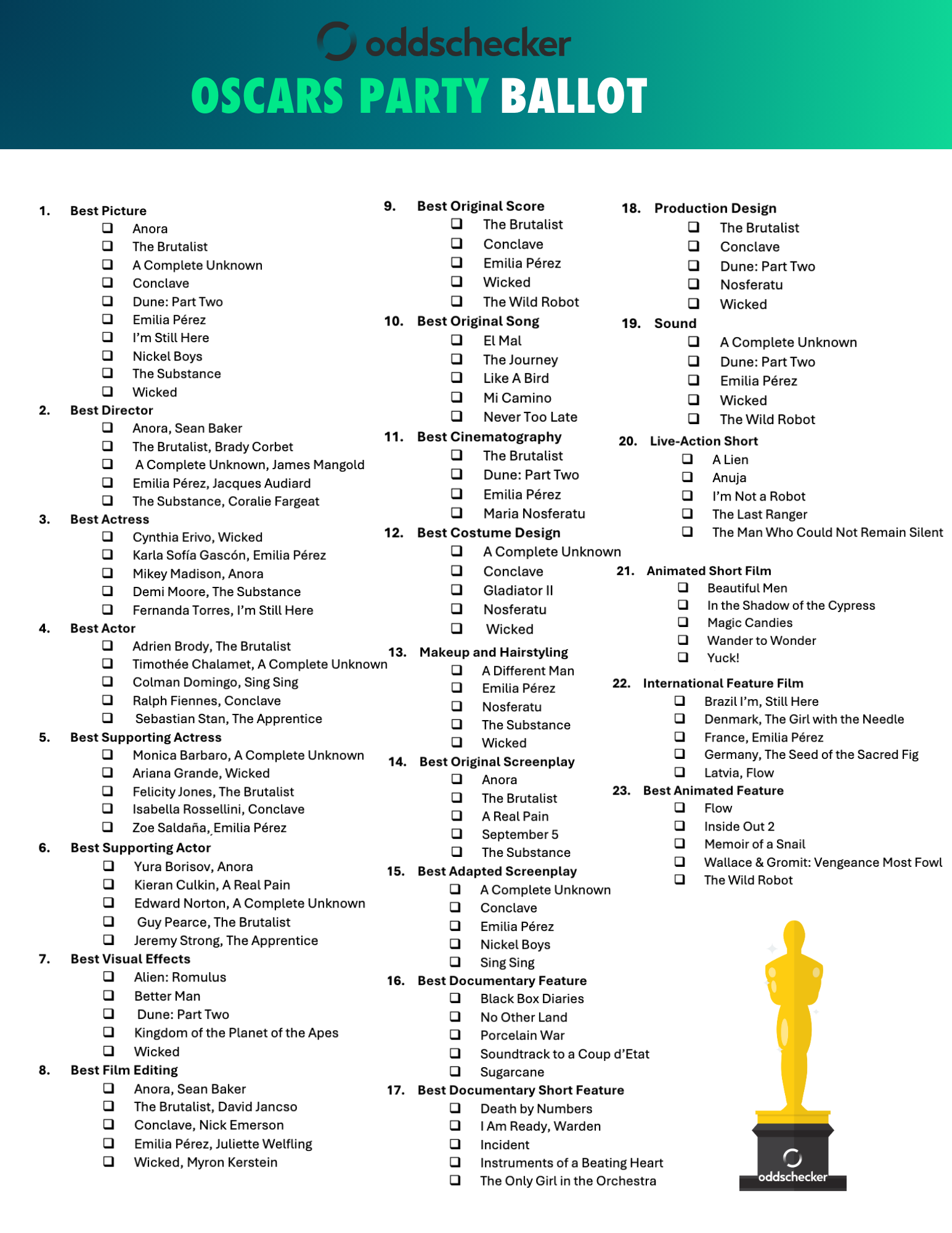 Free Printable Oscars Ballot 2025 Academy Awards Nominees Odds Cheat 