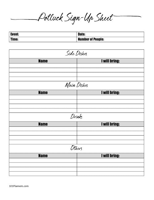 FREE Printable Potluck Sign Up Sheet Editable