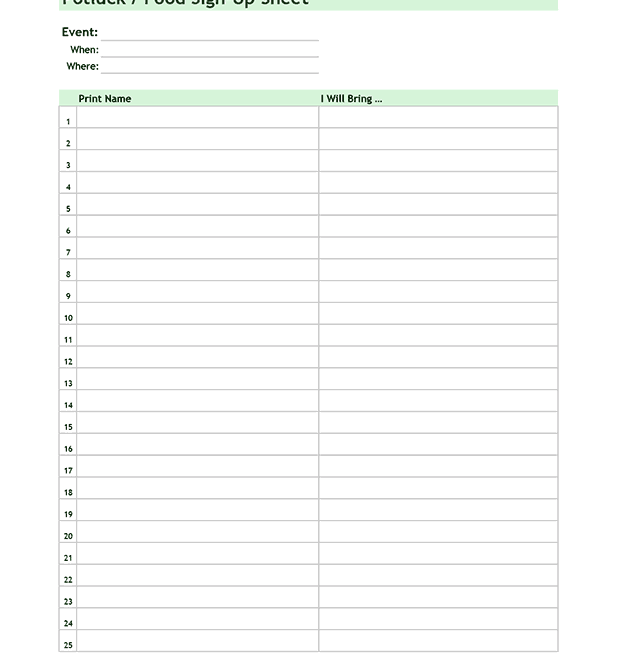 Free Printable Potluck Sign Up Sheet PDF Sign Up Sheets Printable