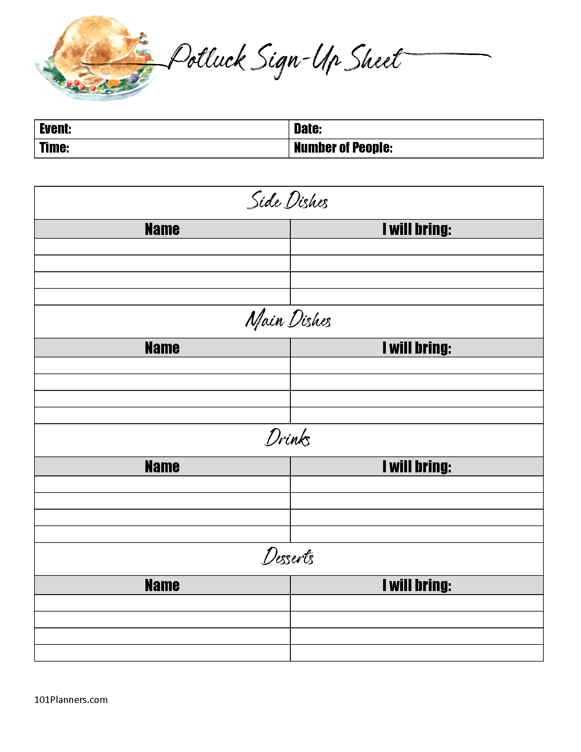 Free Printable Potluck Sign Up Sheet Template Great For The Office Or 