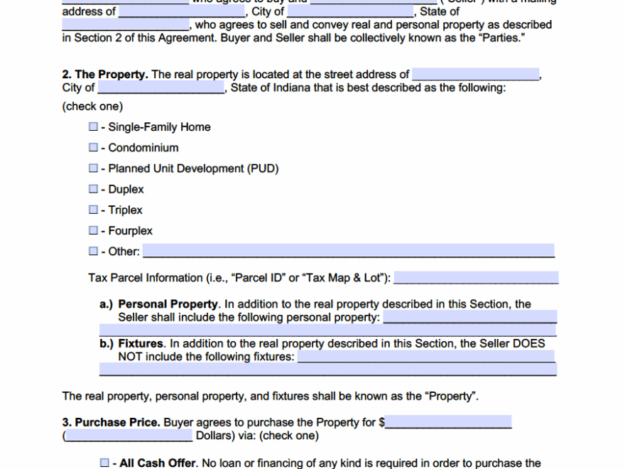 Free Printable Real Estate Purchase Agreement Form Indiana Printable