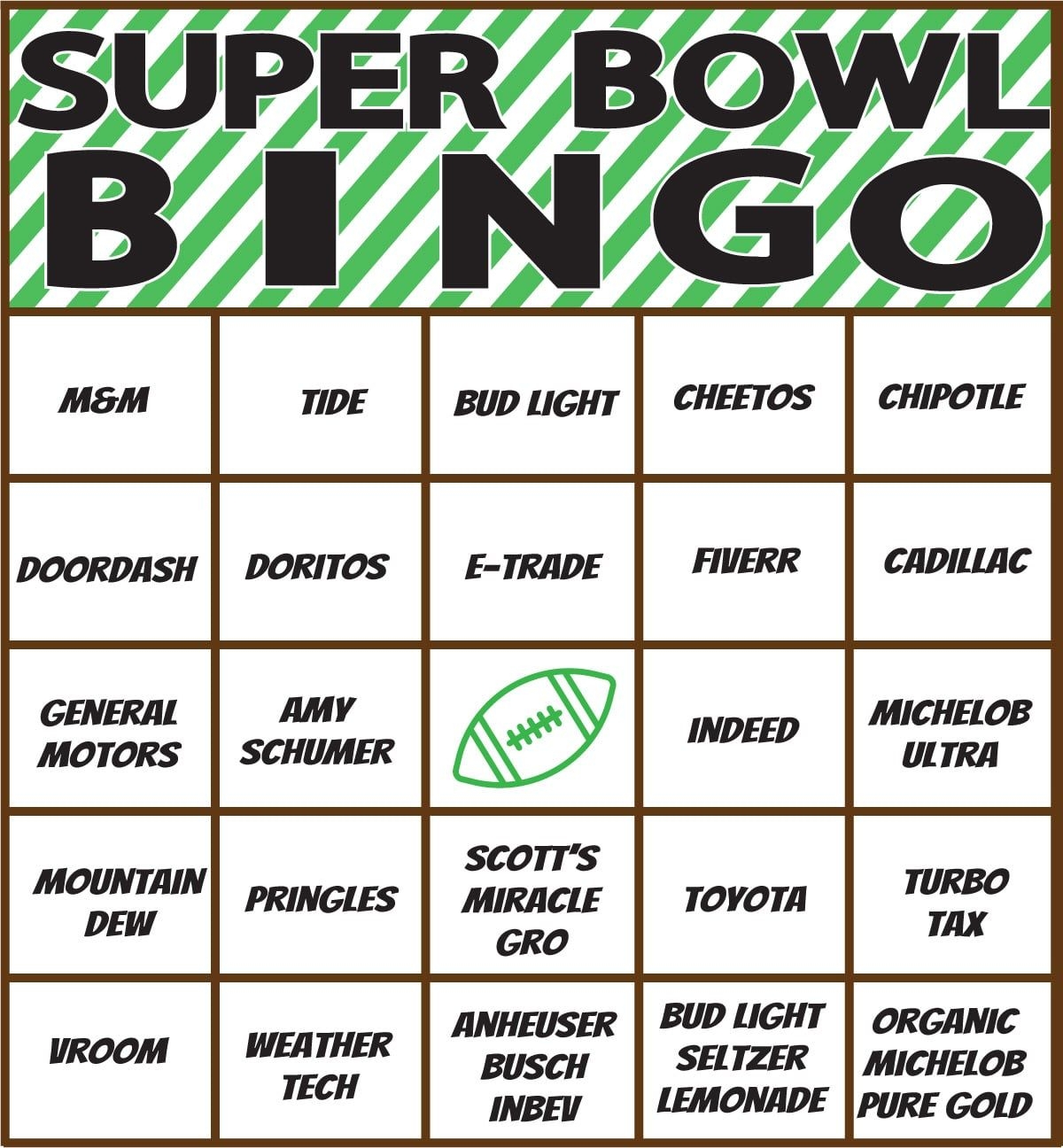 Free Printable Super Bowl Commercial Bingo Superbowl Party Games 