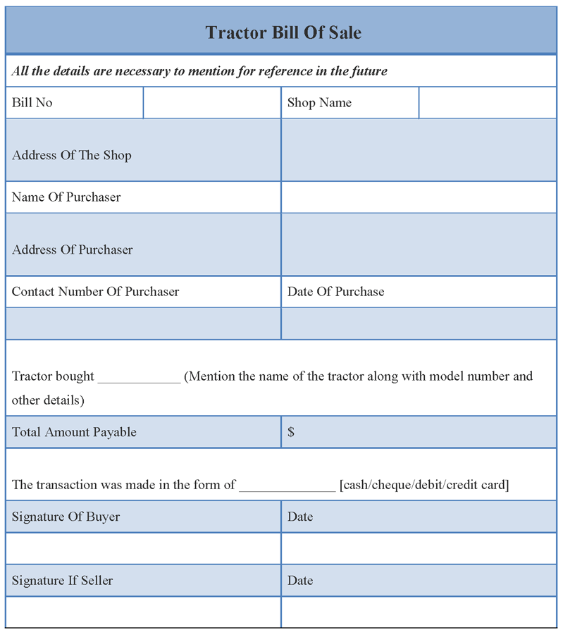 Printable Tractor Bill Of Sale