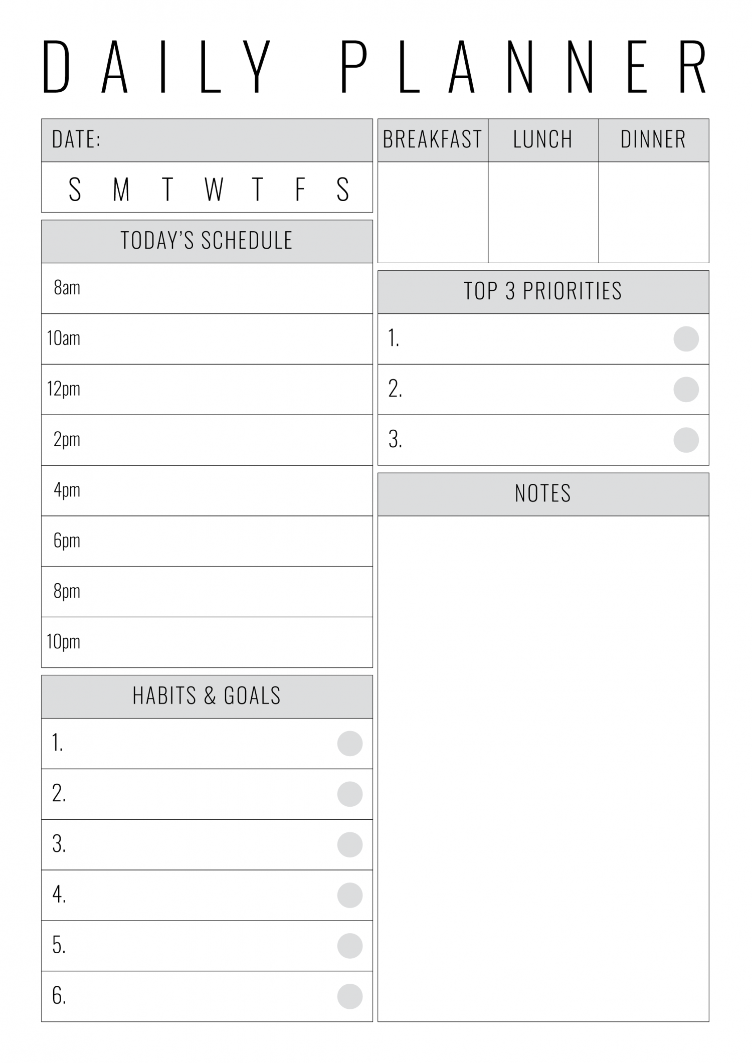Free Printable Undated Daily Planner With Big Section For Notes PDF 
