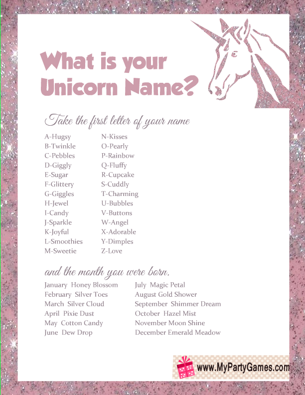 Free Printable What Is Your Unicorn Name Game