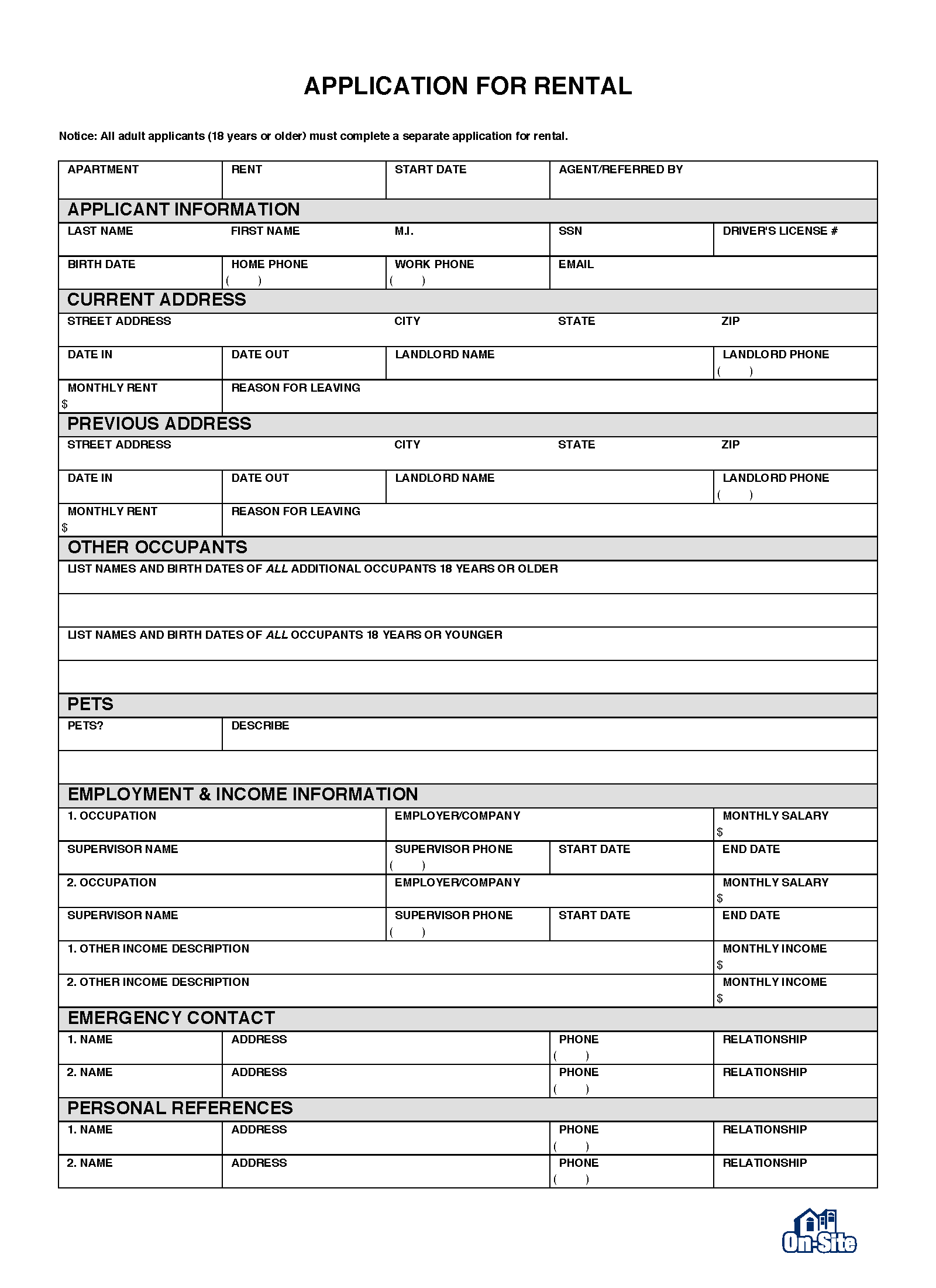 Printable Rental Application Form Free