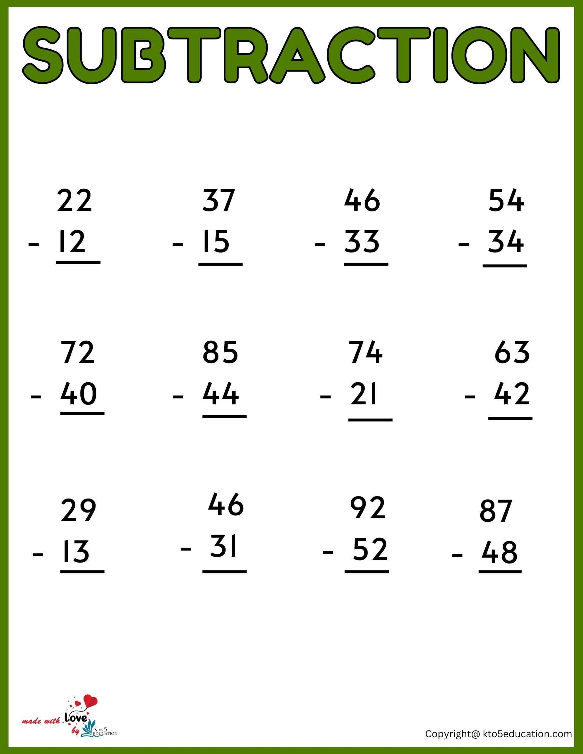 Free Third Grade Subtraction Printable Worksheet FREE Download 