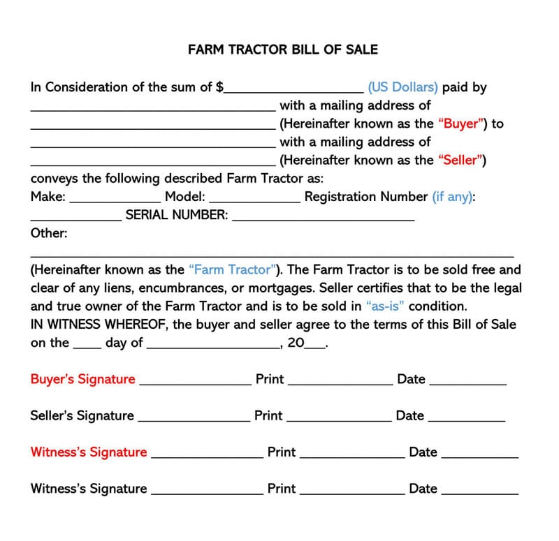 Free Tractor Bill Of Sale Forms How To Fill Word PDF