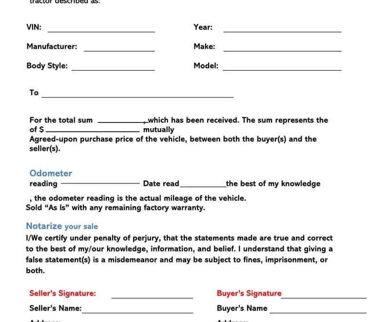 Free Tractor Bill Of Sale Forms How To Fill Word PDF
