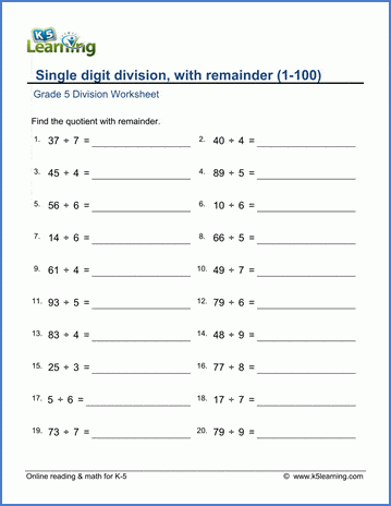 Grade 5 Math Worksheets Division With Remainders 1 100 K5 Learning 