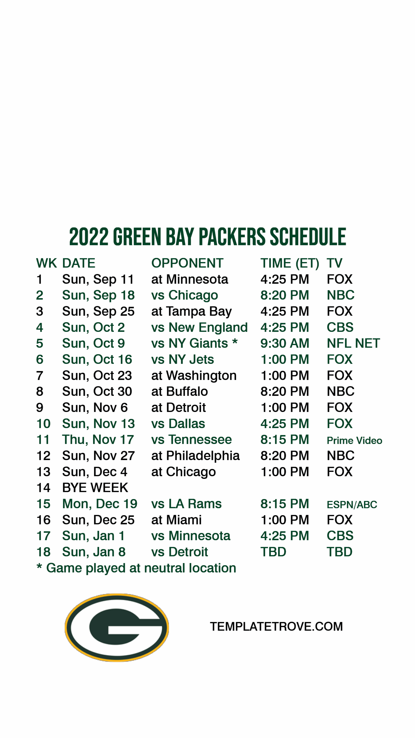 Green Bay Packers Schedule 2025 Printable Free Printable Worksheets 