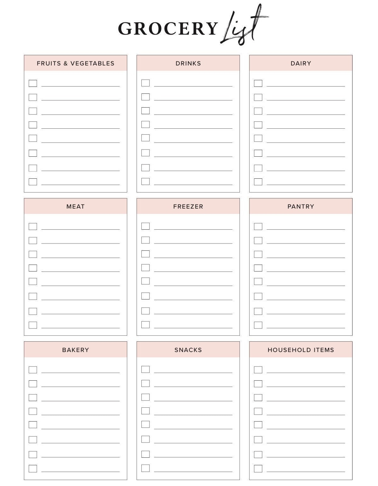 Grocery List With Categories Printable Shopping List Etsy