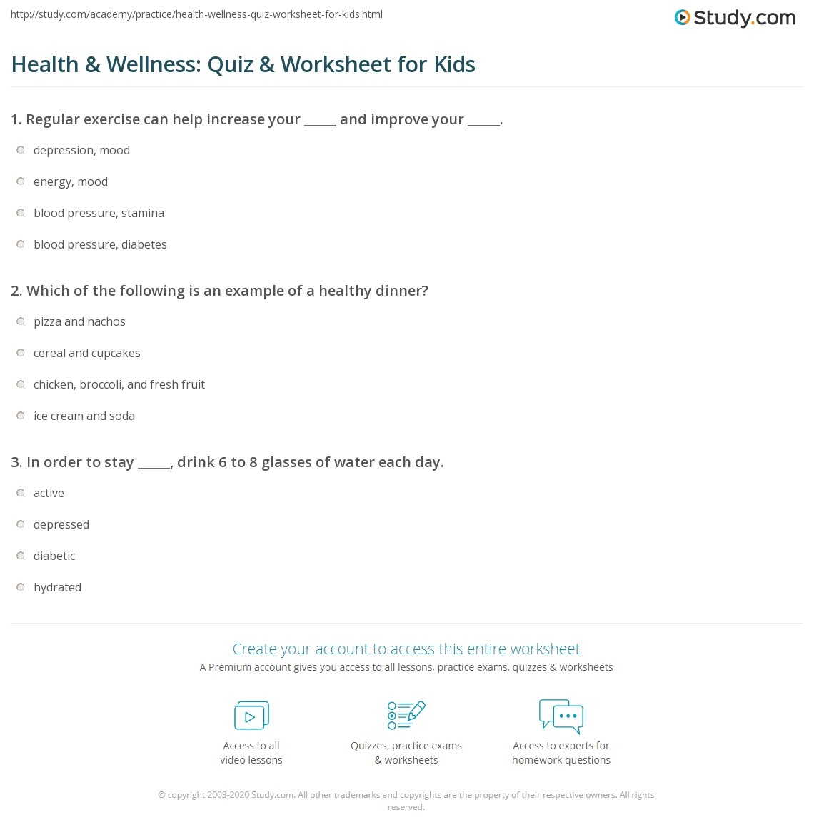 Health Wellness Quiz Worksheet For Kids Study