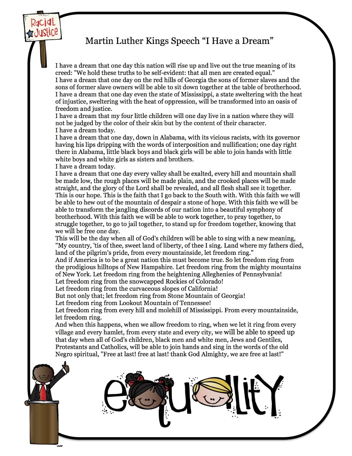 I Have A Dream Speech Printable