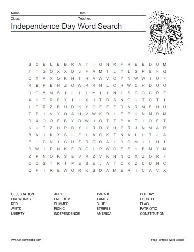 Independence Day Word Search Free Printable