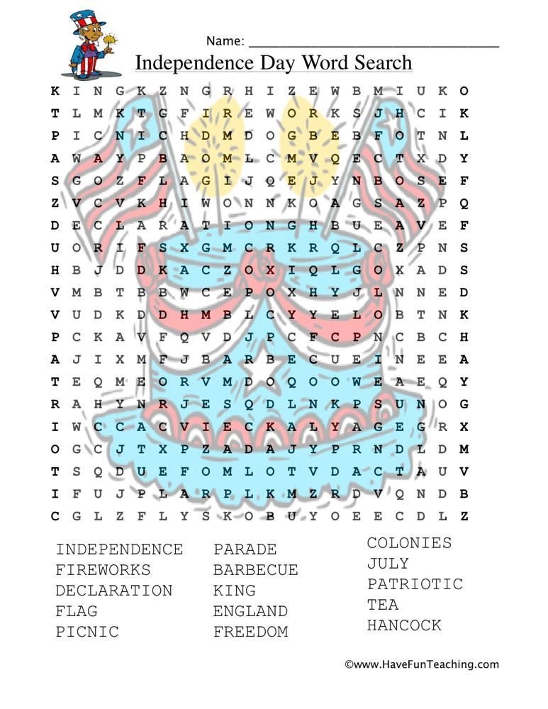 Independence Day Word Search Worksheet Independence Day Holiday 
