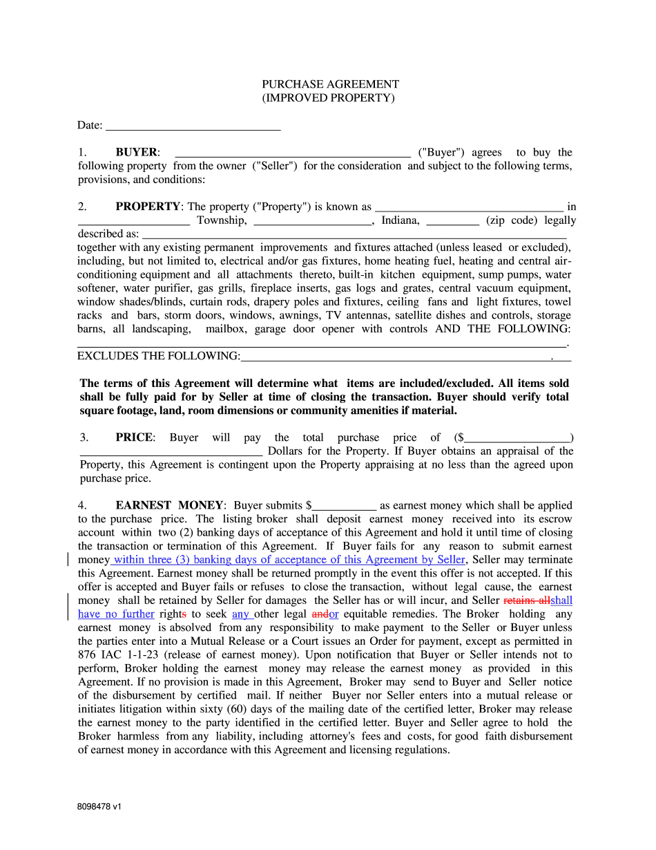 Indiana Purchase Agreement Fill Online Printable Fillable Blank