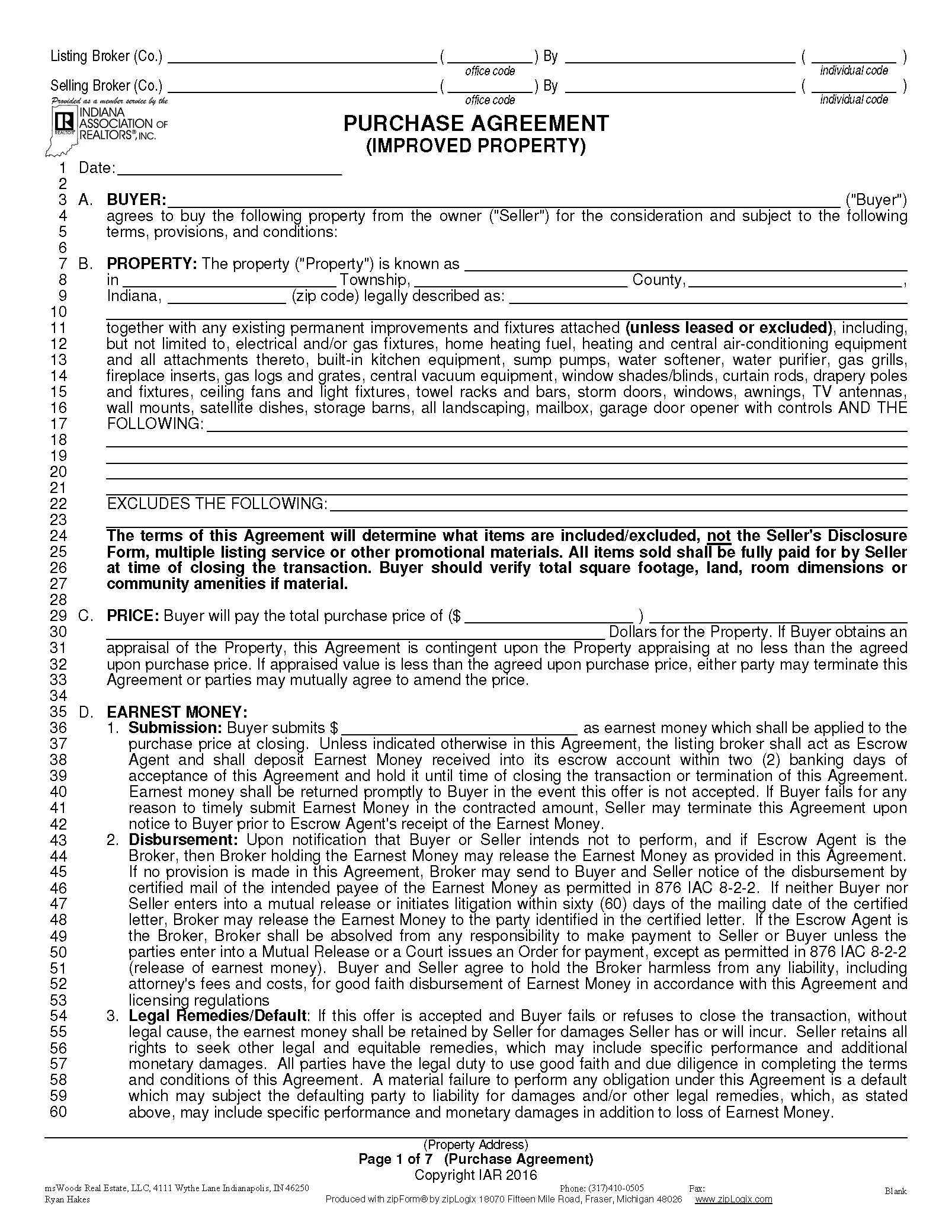 Indiana Residential Purchase And Sale Agreement Indiana Real Estate 