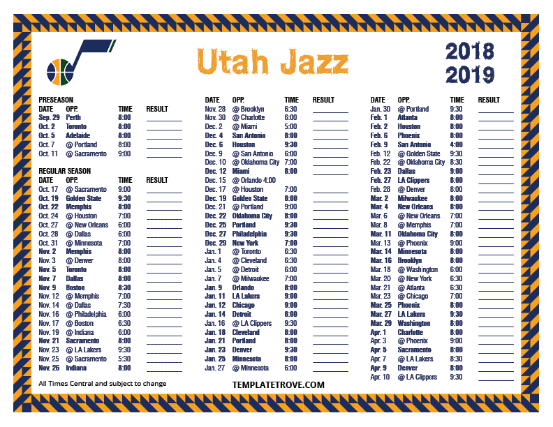 Utah Jazz Printable Schedule 2025-26