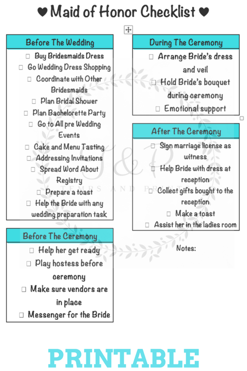 Maid Of Honor Checklist Printable