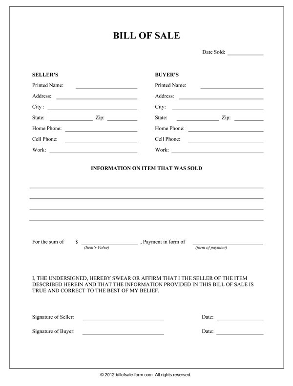 Legal Bill Of Sale Free Printable Documents