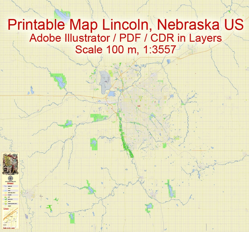 Lincoln Nebraska US Printable Street Map Exact Vector City Plan Scale 