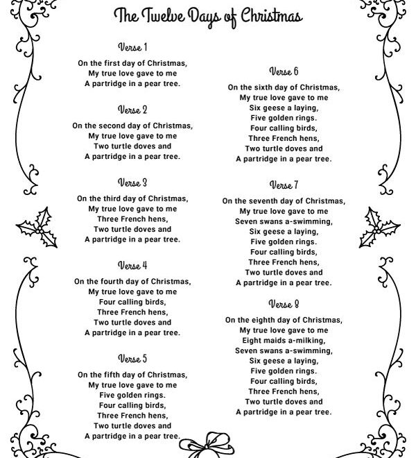 Lyrics To 12 Days Of Christmas Printable