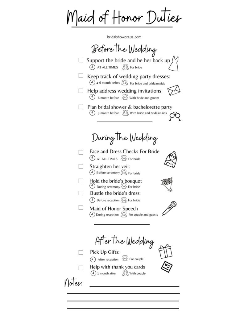 Maid Of Honor Duties Checklist Printable
