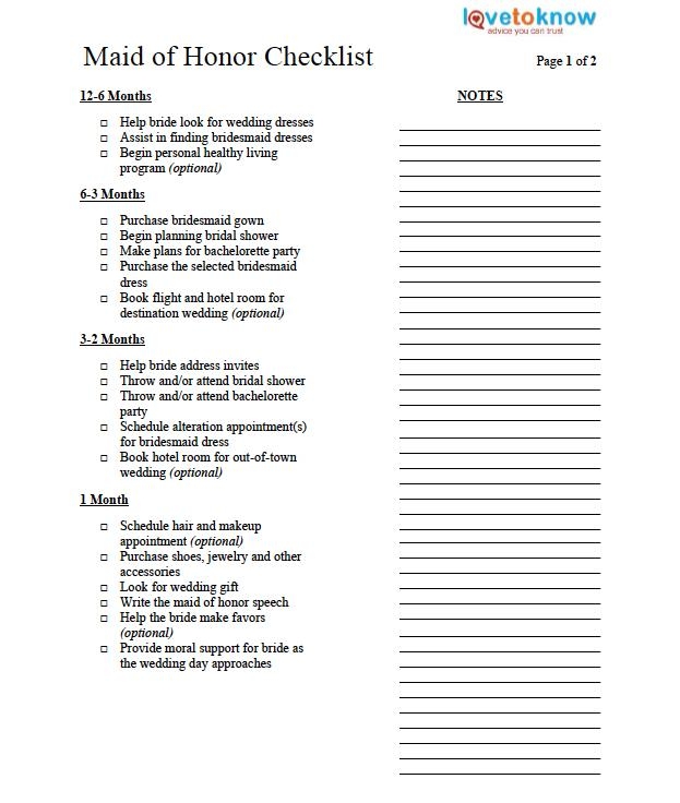 Maid Of Honor Duties Checklist Printable