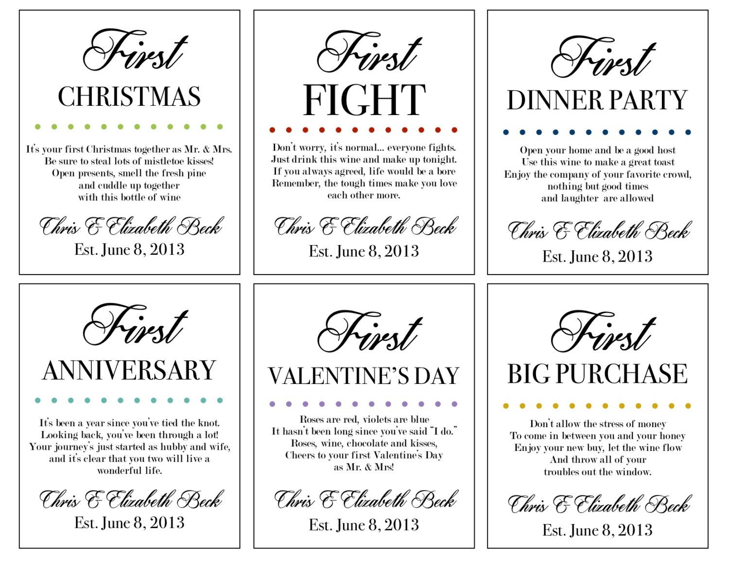 Marriage Firsts Wine Labels Milestones Married Custom Set Of 6 