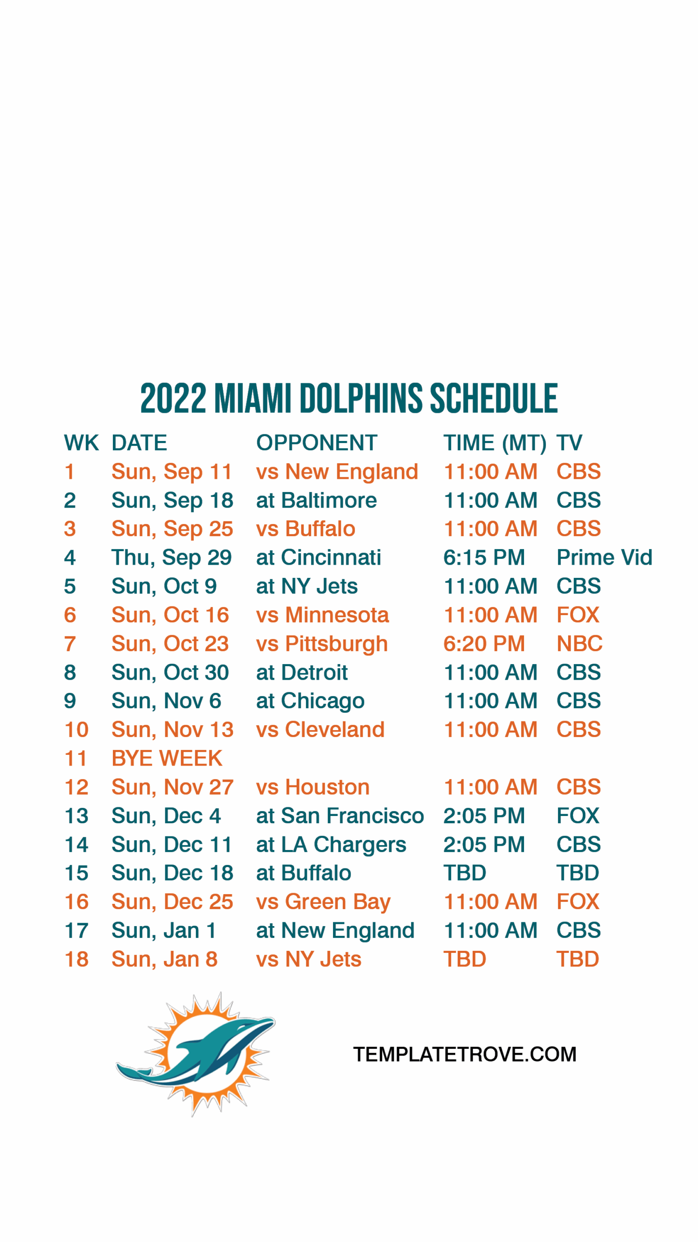 Miami Dolphins Printable Football Schedule Miami Dolphins Printable Football Schedule