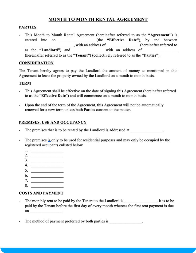 Month To Month Rental Agreement Free Template 