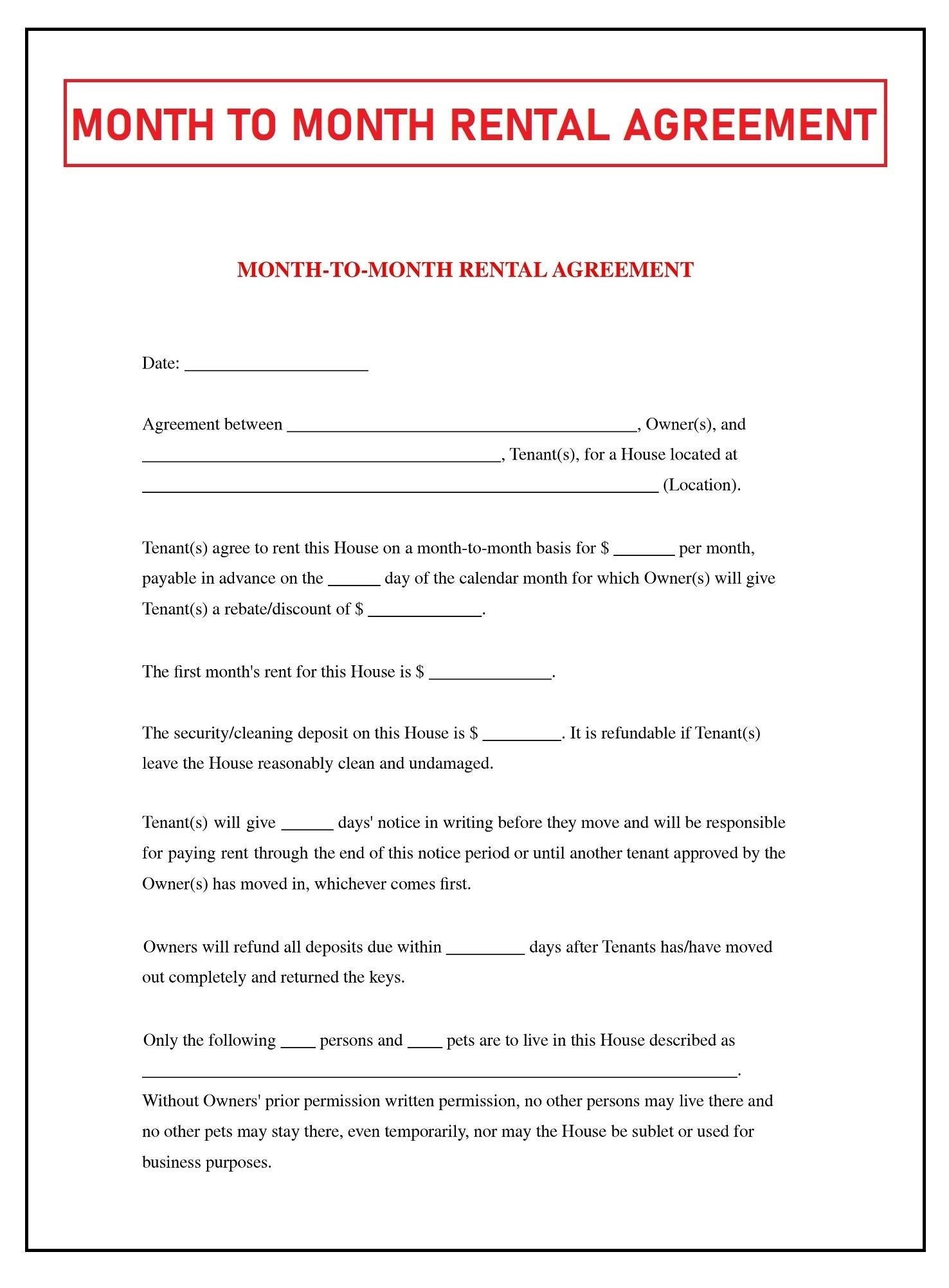 Month To Month Rental Agreement Monthly Rental Agreement Month To Month 