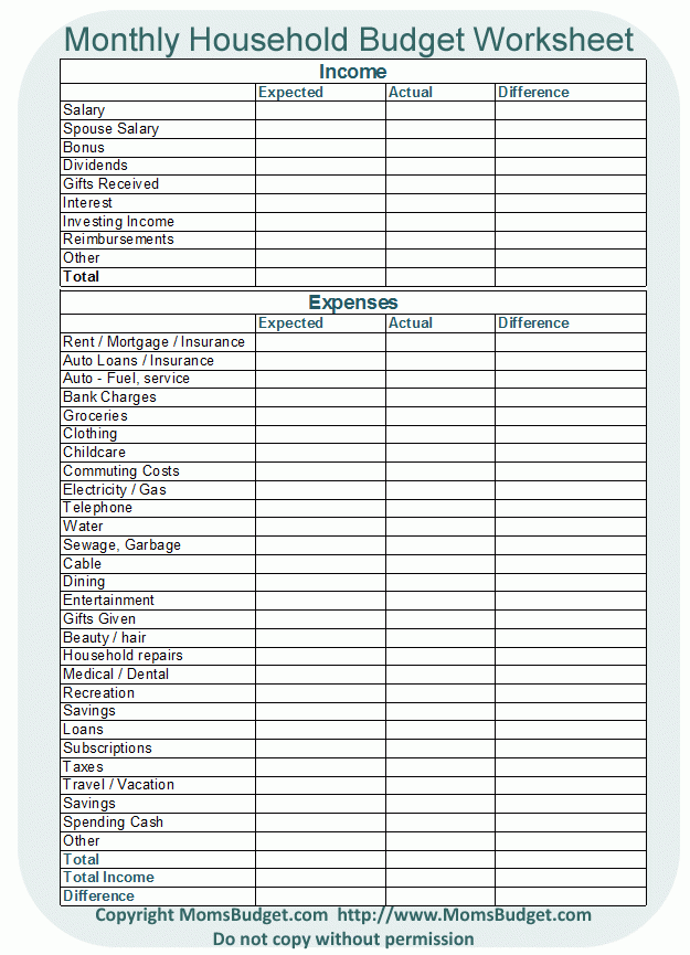 Monthly Family Budget Template Printable