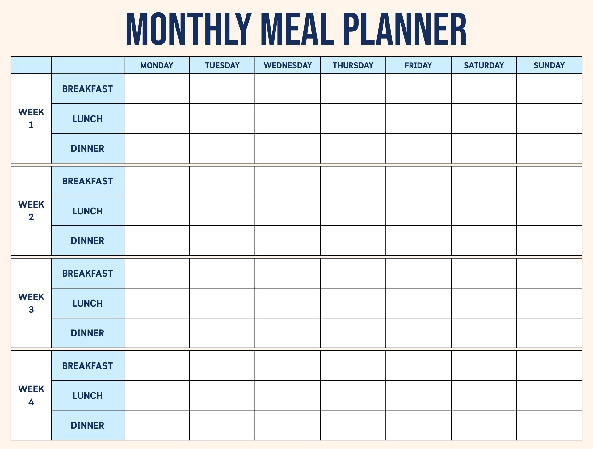 Monthly Meal Planner Template Excel Printable Computer Tools